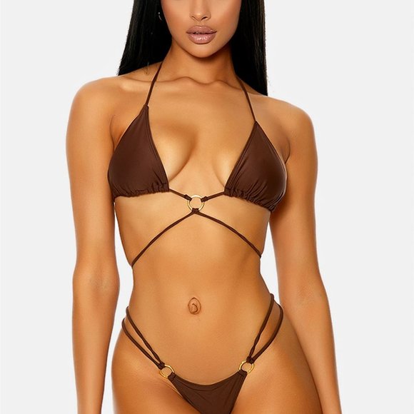 Chocolate Brown Curacao Triangle Gold Ring Wrap Double Strap Bikini Swimwear 2 P - Picture 1 of 2